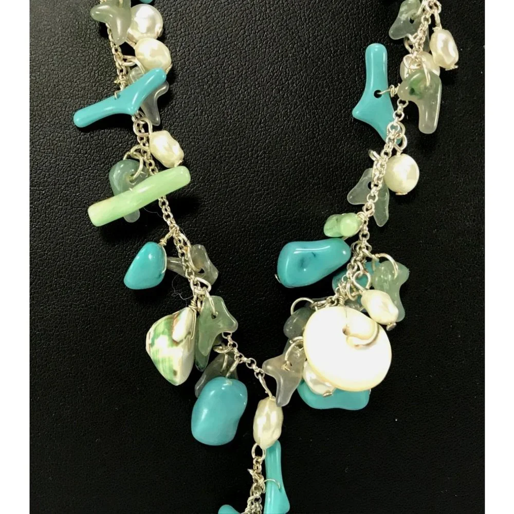 Silver Tone Cluster Fringe Y-Drop Necklace Faux Blue Coral n Pearls Real Shells - Picture 4 of 6